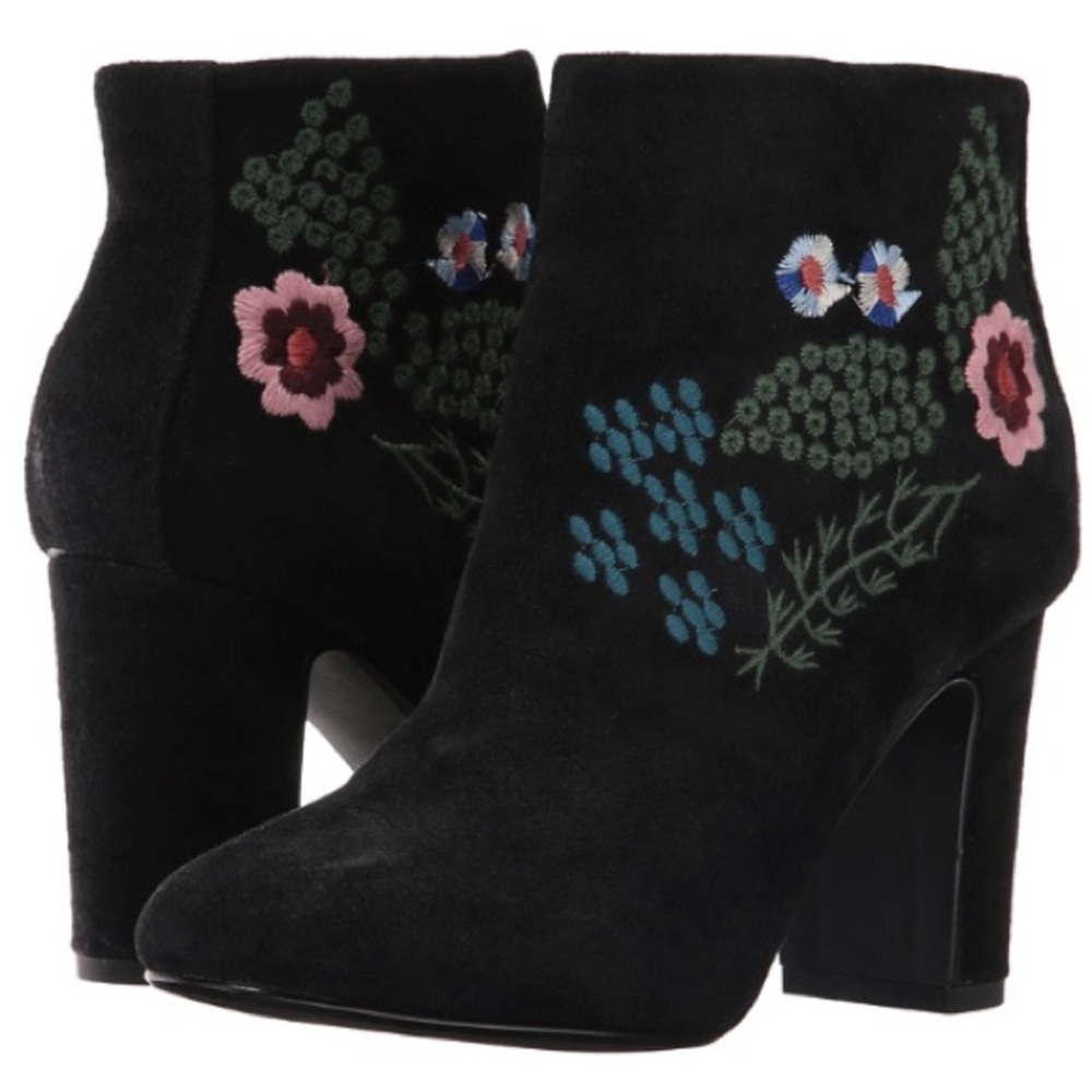 Nanette Lepore Black Suede Embroidered Floral Ankle Boots